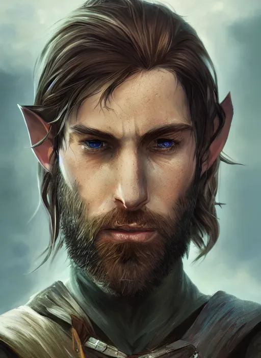 Image similar to A fantasy comic book style portrait painting of sad half elf ranger, shaggy brown hair, scruffy beard, scar on face, blue tunic, unreal 5, DAZ, hyperrealistic, octane render, cosplay, RPG portrait, dynamic lighting