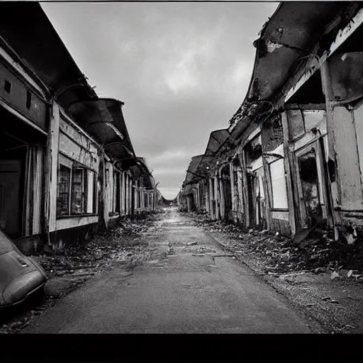 Image similar to black and white, old polaroid of dilapidated fallout 5 europa, temperate european hamlet, desolate, dilapidated neon signs, few rusted retro futuristic vintage parked vehicles, volumetric lighting, photorealistic!!!, daytime, autumn, gloomy weather, ultra detailed!!!