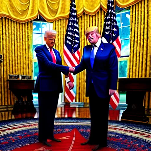 Image similar to joe biden handshakes donald trump ultra realistic, lens flare, atmosphere, glow, detailed, intricate, full of colour, cinematic lighting, trending on artstation, 4 k, hyperrealistic, focused, extreme details, unreal engine 5, cinematic, masterpiece, ultra realistic, hyper realistic, highly detailed, sharp focus, digital art