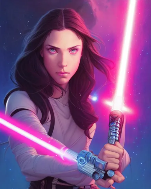 Image similar to pretty blue eyed brunette girl!! pink lightsaber! gorgeous, beautiful, jedi, fire emblem, art by artgerm and greg rutkowski and magali villeneuve, portrait, d & d, fantasy, highly detailed, digital painting, trending on artstation, concept art, sharp focus, illustration