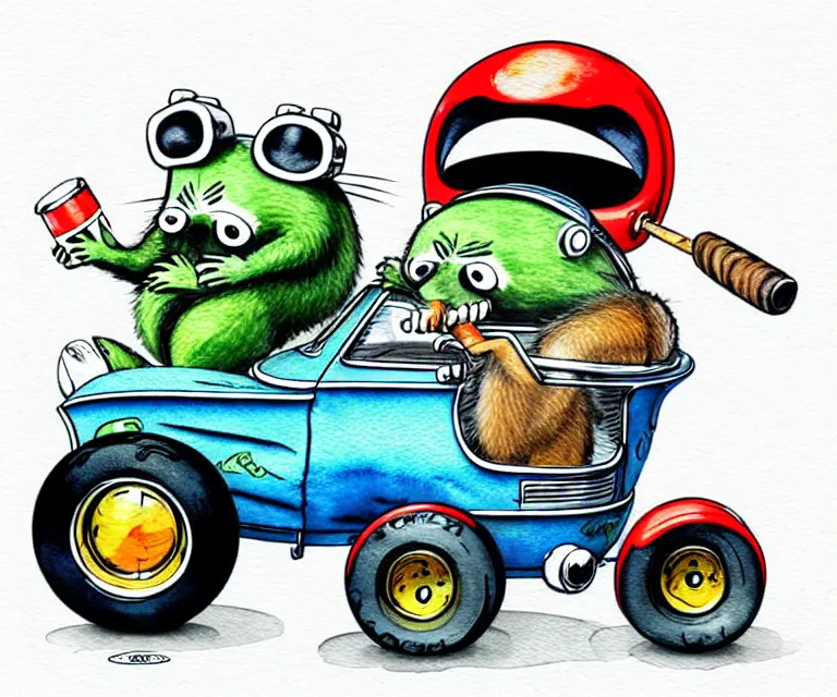 Image similar to cute and funny, racoon smoking cigar, racoon wearing a helmet, racoon riding in a tiny hot rod coupe with oversized engine, ratfink style by ed roth, centered award winning watercolor pen illustration, isometric illustration by chihiro iwasaki, edited by range murata