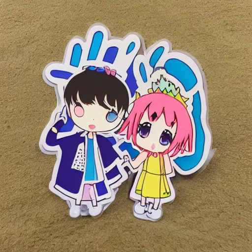 Image similar to die cut sticker of anime chibi kawaii cute boy and girl on beach vacation