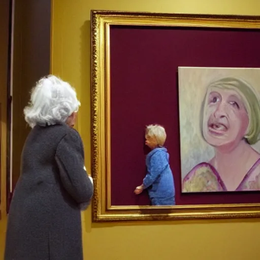 Prompt: old woman staring at a painting of her younger self