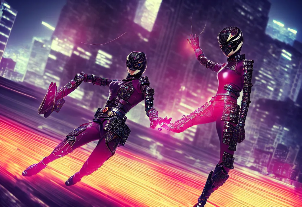 Image similar to huge belt, female kamen rider, hero action pose, human structure, insect art concept, full body hero, intricate detail, hyperrealistic art and illustration by a. k. a limha lekan a. k. a maxx soul and alexandre ferra, global illumination, blurry and sharp focus, on future tokyo night rooftop, frostbite engine