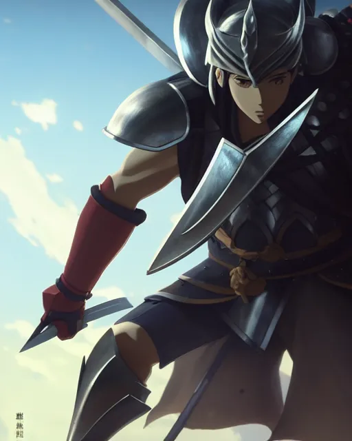 Prompt: powerful warrior with a greatsword and fully clad in plate armor, dramatic action pose, square masculine jaw, short messy hair, 3 d octane render, unreal engine 5, ultra high detail, cel shaded, trending on pixiv fanbox, by greg rutkowski makoto shinkai takashi takeuchi studio ghibli, akihiko yoshida