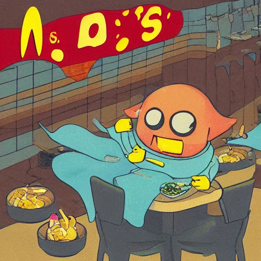 Image similar to squid eating at mcdonald's, lofi album art