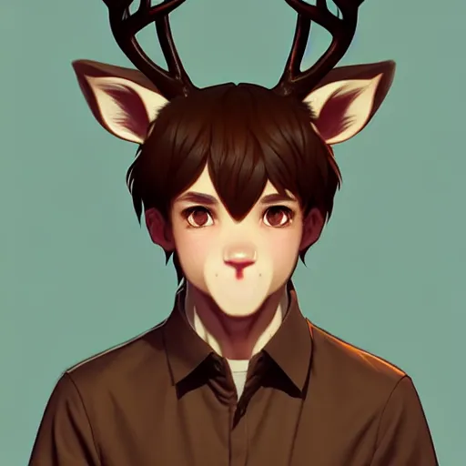 Image similar to character design portrait of a kind anthropomorphic furry deer man with deer ears, short brown hair, wearing a shirt, looking at the camera, 4 k, concept art, by wlop, ilya kuvshinov, artgerm, krenz cushart, pixiv.