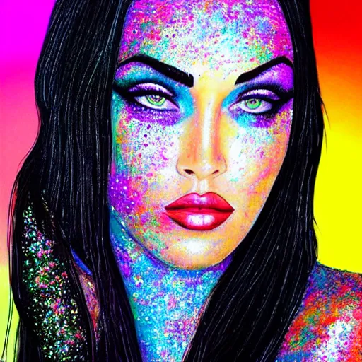 Image similar to “Megan Fox glitter paints paintings, glitter face and body, glitter background, ultra detailed portrait, 4k resolution”