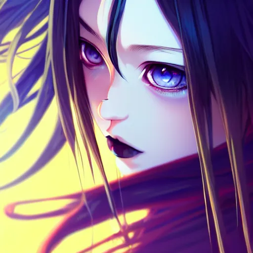 Prompt: attractive yellow eye color long blue - haired girl with bangs gothic anime character, fantasy, screenshot, anime, sharp focus, intricate, illustration, cell shaded, digital painting, highly detailed, concept art, matte, art by ilya kuvshinov and kyoto animation and wlop, and greg rutkowski, studio quality, james jean, artem demura