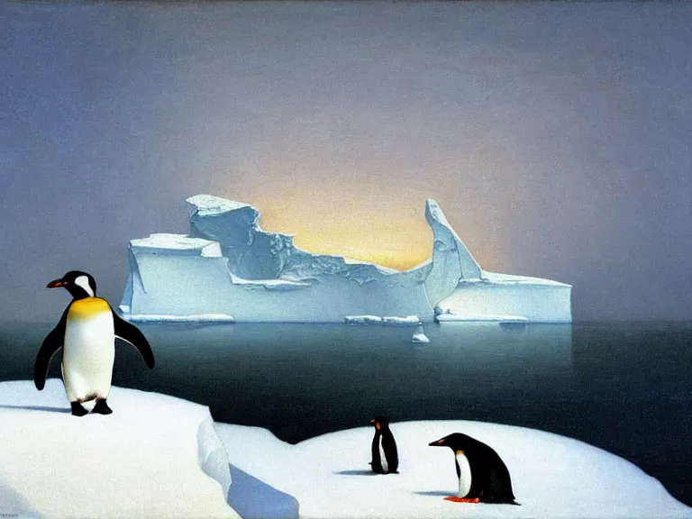 Prompt: an oil painting of a penguin playing in pure white snow on an iceberg in a serene ocean at dusk. aurora. by tuomas korpi moebius and carl spitzweg. baroque elements. intricate artwork by caravaggio. oil painting. oil on canvas. award winning. dramatic. trending on artstation. 8 k