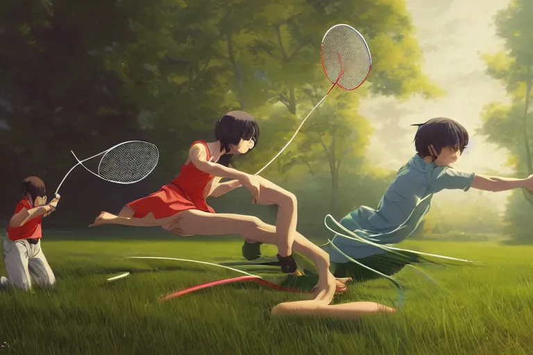 Image similar to frogs playing badminton, expert high detail concept art character design, perfect proportions defined faces, vivid colors, photorealistic shaded lighting poster ilya kuvshinov, katsuhiro, makoto shinkai, wlop, loish and clamp style, trending on art station, best selling artist