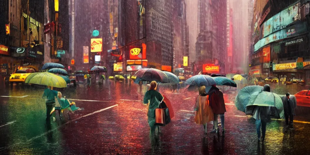 Image similar to a ultra photorealistic and sharp film still trough a raincovered window on a rainy but colourful day in new york. sparkling lights, people with umbrellas standing in the street, wide shot, frog perspective, wes anderson, studio ghibli, pixar and disney animation, octane render, anime key art by greg rutkowski, dramatic lighting, award winning photography