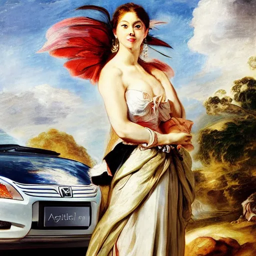 Image similar to heavenly summer sharp land sphere scallop well dressed lady standing next to a honda civic, auslese, by peter paul rubens and eugene delacroix and karol bak, hyperrealism, digital illustration, fauvist, standing next to a honda civic