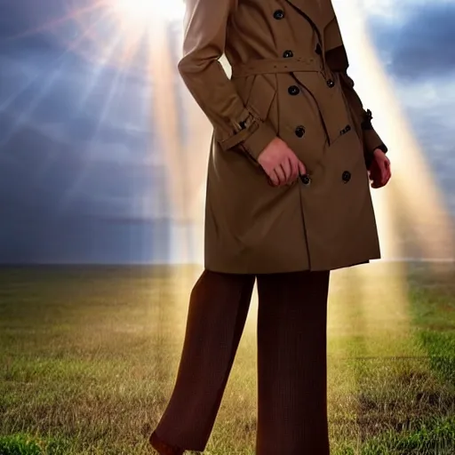 Image similar to trench coat trench coat trenchcoat trench coat trench coat falling clouds. realistic. professional photograph. golden rays. divine. trench coat.