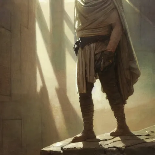 Image similar to half portait of jedi wearing a closed cowl and big old book! chained to the wrist, jeremy mann, jean - leon gerome, tiepolo, alphonse mucha, greg rutkowski, face in the shadows, ( ( ruins of ancient rome ) ), at dusk, mysterious atmosphere, sunrays, dof, high detailed, 8 k