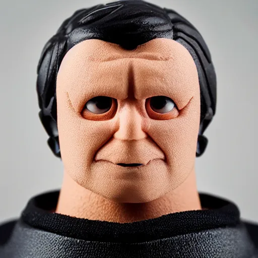 Prompt: Action figure face portrait. Knockoff character. Parody. Amateur creation. Original character. Product photography. Cheap. Dumb. Unusual.