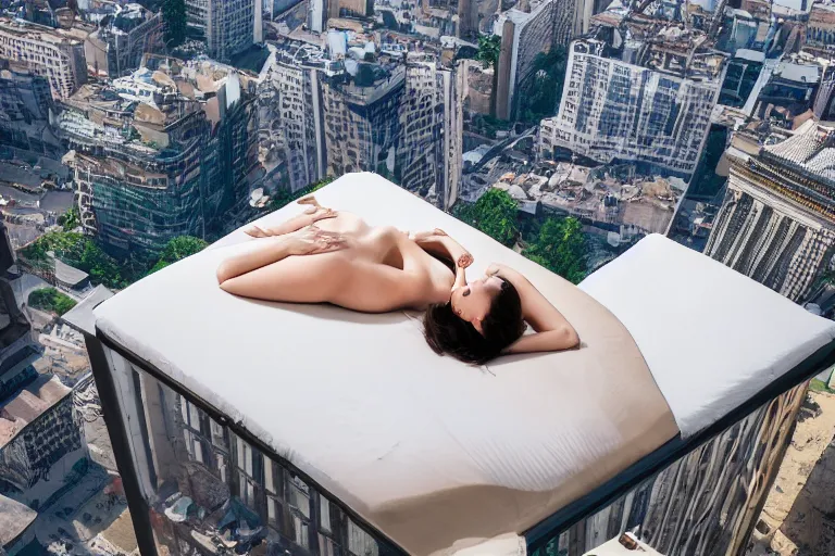 Image similar to a woman laying down on a flying mattress, she is looking down on the buildings far below her, uhd, 8 k, dreamy, photo, hyper detailed, photorealistic, trending on artstation.