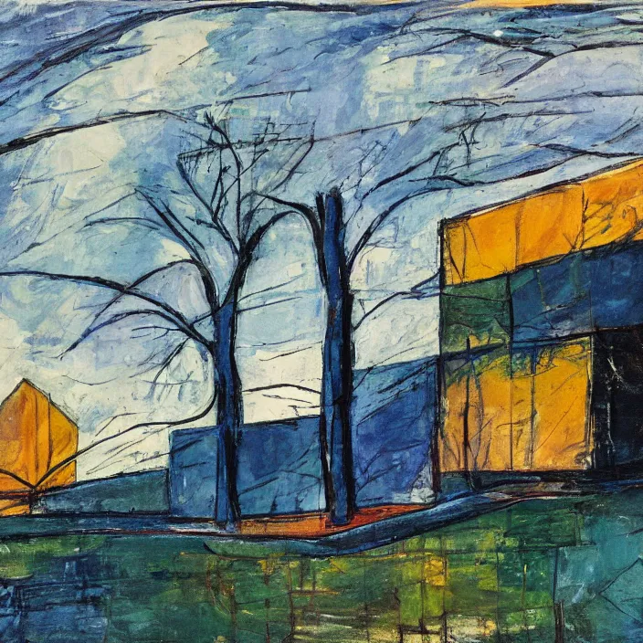 Image similar to a building in a serene landscape, expressionism