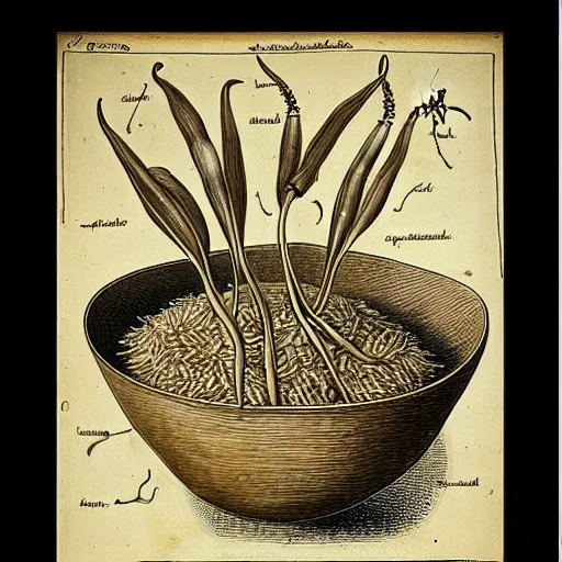 Image similar to anatomical diagram of oryza sativa, next to a bowl of rice, sepia, faded, ink, by maria sibylla merian