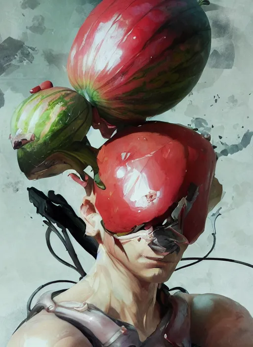 Prompt: semi reallistic gouache gesture painting, by yoshitaka amano, by ruan jia, by conrad roset, by dofus online artists, detailed anime 3 d render of an alien monstrous watermelon, portrait, cgsociety, artstation, rococo mechanical, digital reality, sf 5 ink style, dieselpunk atmosphere, gesture drawn