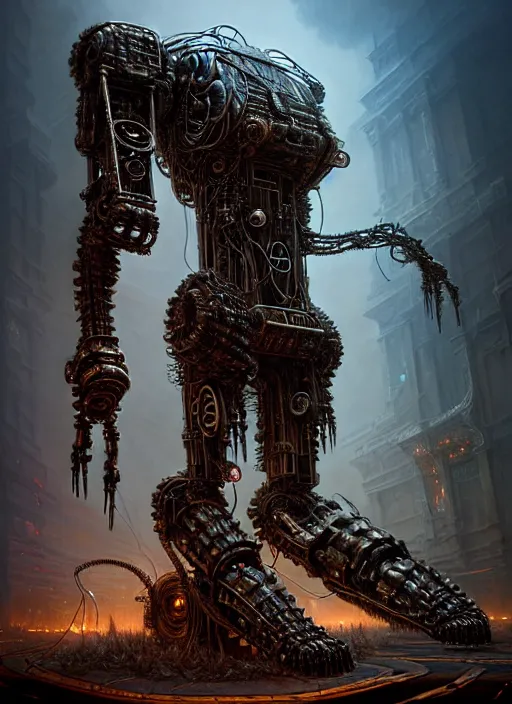 Image similar to A photorealistic 3d render of a robot monster cyborg made of circuits wide view shot by ellen jewett , tomasz alen kopera and Justin Gerard symmetrical features, ominous, magical realism, texture, intricate, ornate, royally decorated, android format, windows, many doors, roofs, complete house , whirling smoke, embers, red adornments, red torn fabric, radiant colors, fantasy, trending on artstation, volumetric lighting, micro details, 3d sculpture, ray tracing, 8k