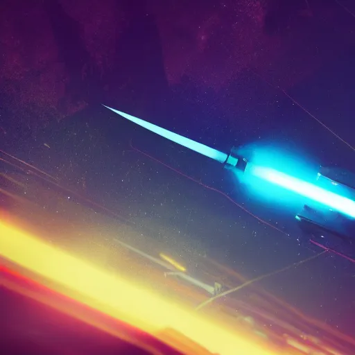 Prompt: rocket ship in space running into a comet, photo realistic, 8k, artstation, Blade runner, neon signs in the distance, dark, cinematic, high contrast, epic