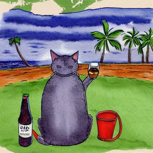 Image similar to a cat with a bucket hat and a hawaii shirt drinking a beer at an outdoor bar by the sea in stockholm, children\'s book illustration watercolor drawing