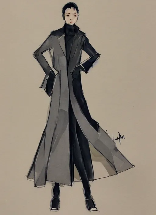 Prompt: a yoji shinkawa sketch of a slim girl with long legs wearing a one piece outfit and a long black coat inspired by a puffy japanese kimono designed by balenciaga