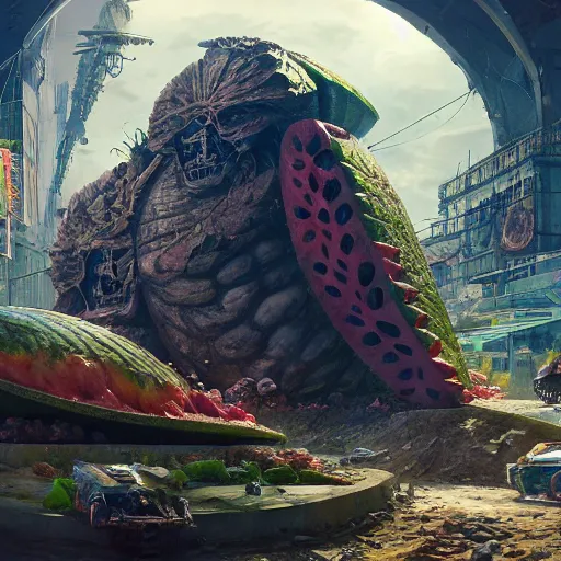 Image similar to Concept Digital Art Highly detailed giant Watermelon warlord protecting Ukrainian city from Orks by Taras Shevchenko and Stephen Hickman and Beeple. Very highly detailed 8K,Pentax 67, Kodak Portra 400 in style of Hiromasa Ogura Ghost in the Shell, the golden ratio, rational painting