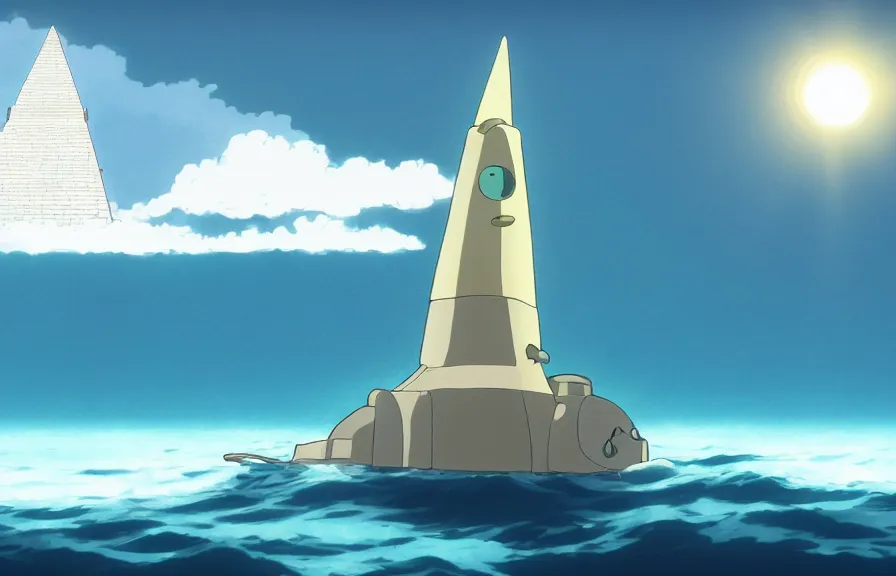 Prompt: a realistic studio ghibli cell shaded cartoon showing a submarine swimming in front of a white pyramid underwater at the bottom of the sea. shafts of sunlight come from above. wide shot, very dull muted colors, hd, 4 k, hq