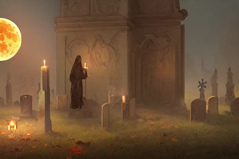 Prompt: an ultra detailed animation of a candle in a graveyard at midnight on halloween, digital art, dark fantasy, concept art, soulslike, by alphonse mucha, blood moon eclipse, ruined building in the background, artstation, 8 k, unreal engine render