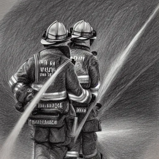 Prompt: Firefighters extinguish the fire. Fantasy. Pencil drawing