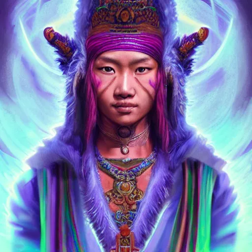 Prompt: portrait of supernatural tibetan monk warrior, intricate, ultra violet highlights, neon, tan skin, sharp focus, octane render, detailed, beautiful, unreal engine, symmetrical, artstation, art by karol bak, art by artgerm, rossdraws, cinematic, concept art, filmic, vsco