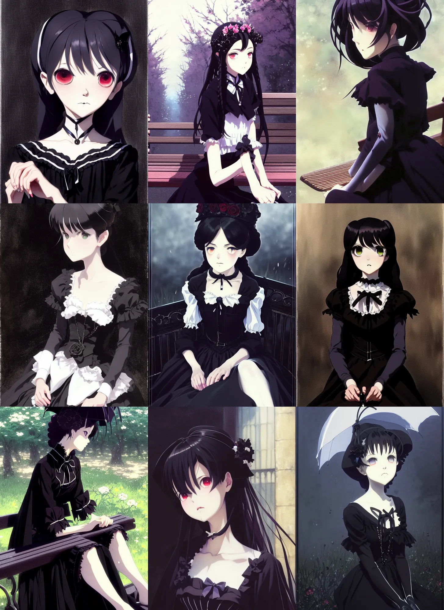 Prompt: a film still portrait of a gothic lolita black dress woman, finely detailed features, closeup at the faces, perfect art, sitting on a bench, gapmoe yandere grimdark, trending on pixiv fanbox, painted by greg rutkowski makoto shinkai takashi takeuchi studio ghibli, akihiko yoshida