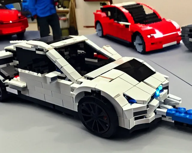 Prompt: a lego tesla car