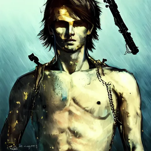 Image similar to cinematic portrait of a young white hero using his right arm to hold his sword covering his eye by yoji shinkawa, high quality, extra details, realism, ornate, colored, golden chain, blood, white skin, short hair, brown eyes, vivid, sunlight, dynamic, american man, freedom, white american soldier, painting, cybernetics, military