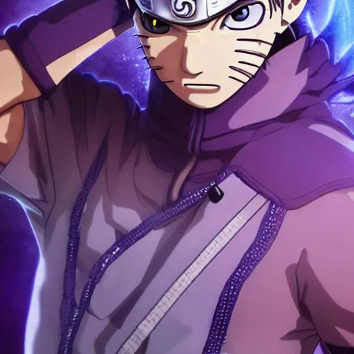 Image similar to close up portrait of a naruto in smooth purple ninja uniform, blue spiked hair, muscular, intense, body of an ultrafine hyperdetailed illustration by kim jung gi, irakli nadar, intricate linework, sharp focus, bright colors, octopath traveler, final fantasy, unreal engine 5, global illumination, radiant light.