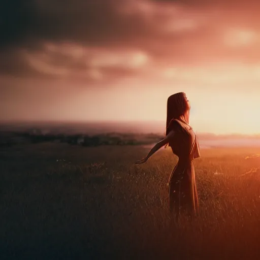 Image similar to aesthetic photo of a woman looking up with a sad expression at sunset, dslr, award winning, 8 k, octane beautifully detailed render, warm mood, cinematic lighting, detailed photo, masterpiece, volumetric lighting, ultra realistic, highly detailed, high quality, lossless, photorealistic, sharp focus, hd