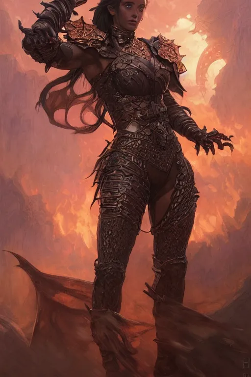 Image similar to warrior, wearing a dark armor, fighting a dragon, village in flames in the back, intricate, elegant, highly detailed, digital painting, artstation, concept art, smooth, sharp focus, illustration, art by artgerm and greg rutkowski and alphonse mucha and andrei riabovitchev