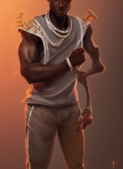 Image similar to a highly detailed illustration of attractive young african guy with flat top, wearing track and field suit, dramatic standing pose, intricate, elegant, highly detailed, centered, digital painting, artstation, concept art, smooth, sharp focus, league of legends concept art, wlop