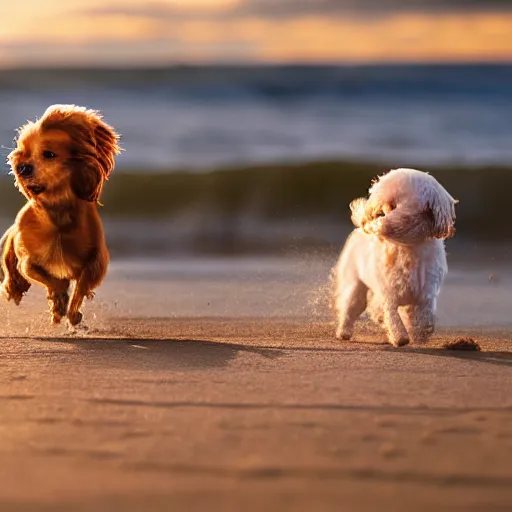 Prompt: a photorealistic closeup image of a cute brown colored long haired chihuahua cocker spaniel dog playing with a happy white bichon frise puppy on the beach. sunset, surf. brightly lit. extreme detail. epic composition. 4 k hd unreal engine