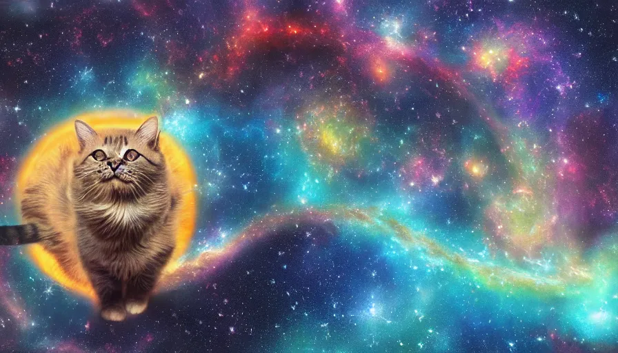 Image similar to cat god swimming in between galaxies, painting, detailed, heavenly, 4 k
