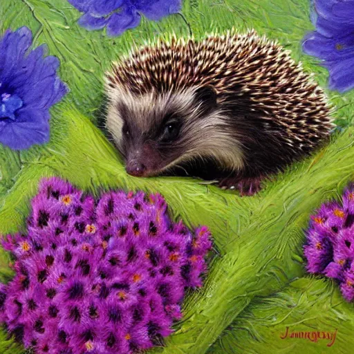 Prompt: masterpeice painting of baby hedgehogs sleeping in flowers by james gurney