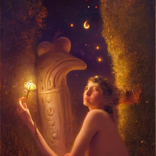 Image similar to attractive, fairy, in the night, fantasy, crescent moon in background, luminous, toadstools, fireflies, fantasy, highly detailed painting by gaston bussiere, craig mullins, j. c. leyendecker, mid shot, 8 k realistic, sharp focus