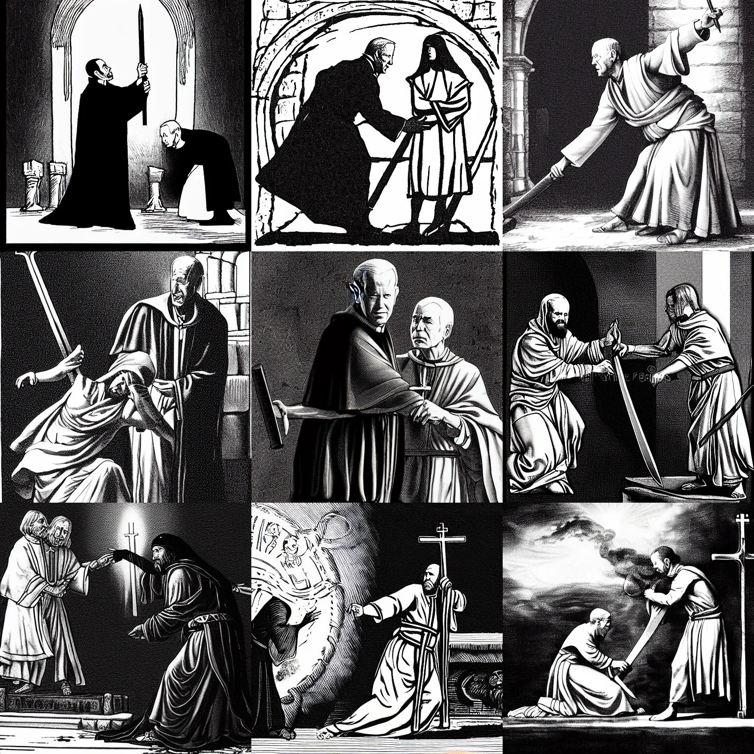 Prompt: pen and ink portrait of a joe biden as a catholic priest about to stab a bound woman on a sacrificial altar, impressive scene. grainy and rough. black and white colour scheme. beautiful artistic detailed digital art