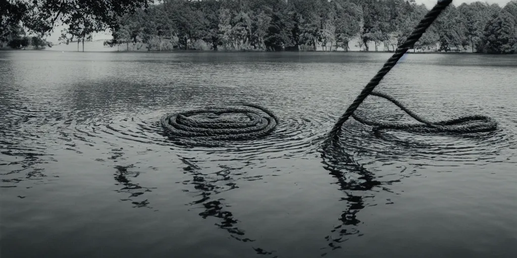 Prompt: centered photograph of an infinitely long rope zig zagging across the surface of the water, floating submerged rope stretching out towards the center of the lake, a dark lake on a cloudy day, color film, trees in the background, hyperedetailed photo, anamorphic lens