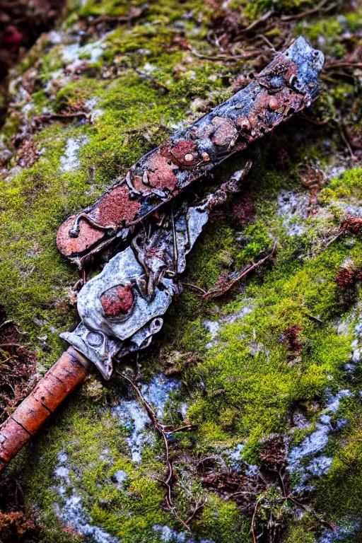 Image similar to a portrait of a rusty sword half embedded in a rock, rust and corrosion, moss and vegetation, ancient forest, excalibur, close - up, intricate details, intricately detailed textures, warm lighting, vivid colors, smoke and mist, hyper realistic octane render, volumetric shading, depth of field, raytracing, 8 k,