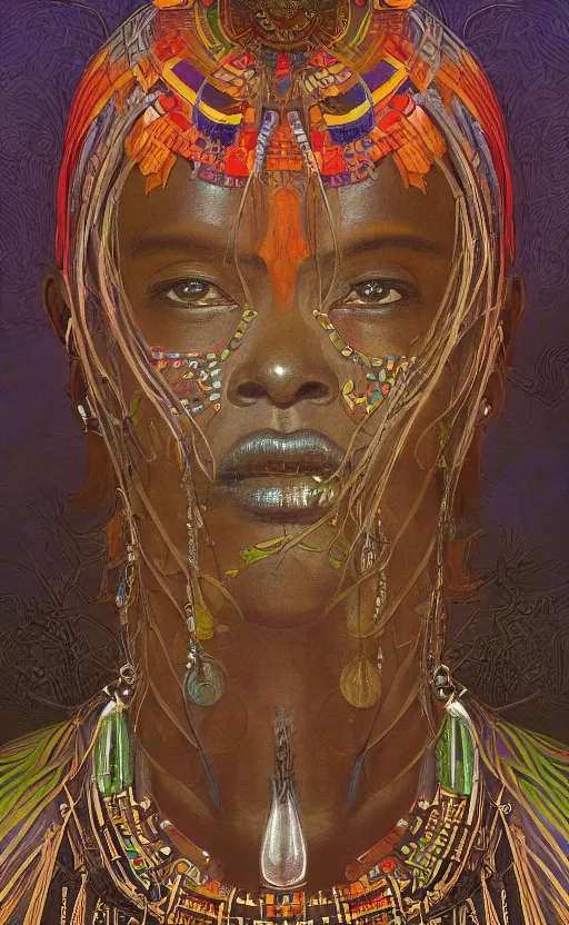 Image similar to upper half portrait of retro futuristic african tribal chief - embellished with vegetation and iridescent crystals, art by cheng, hsiao - ron & alphonso mucha, colouring by zdzisaw beksinski, highly detailed, digital painting, airbrush, concept art, illustration, smooth sharp focus, intricate, symmetry, artstation, colourful,