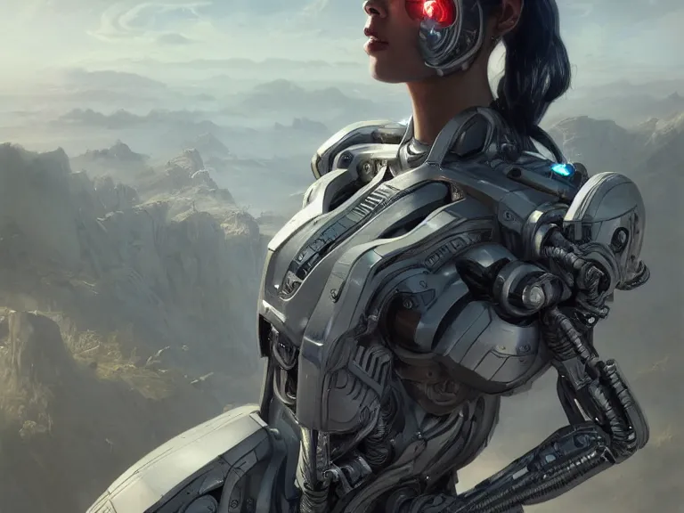 Prompt: portrait of cyborg wearing a sci - fi silver exoskeleton, full body shot, rule of thirds, action pose, amazing beautiful landscape in background, fantasy, sci - fi, cyberpunk - style, artgerm and greg rutkowski, 8 k, octane, intricately detailed, highly detailed, trending on artstation