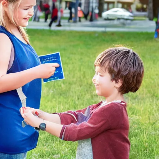 Image similar to a child exchanging a ticket for a coin from an adult, photorealistic